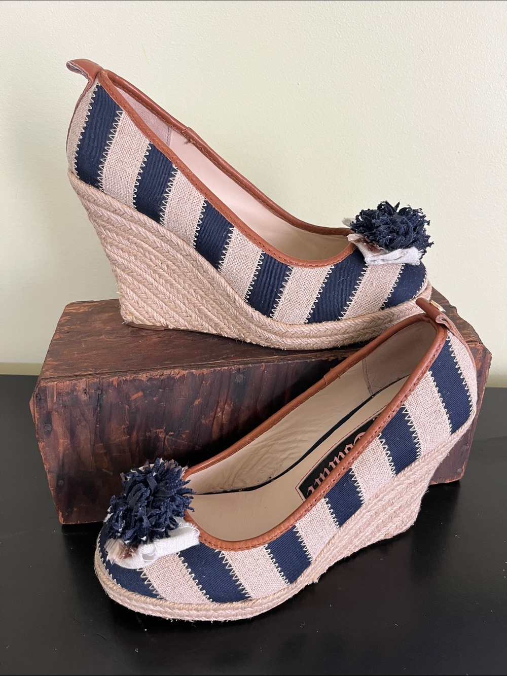 Juicy Couture Risha striped navy and beige espadrille wedges.